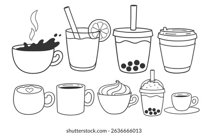 Vector illustration of various coffee, tea, and bubble tea cups. Black line art set of drink objects.