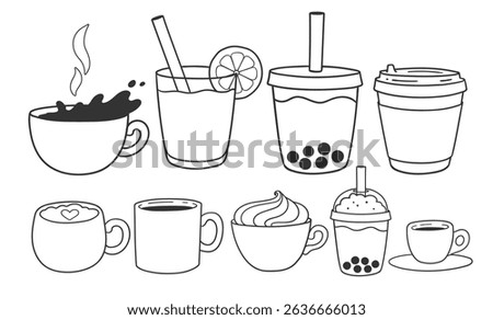 Vector illustration of various coffee, tea, and bubble tea cups. Black line art set of drink objects.
