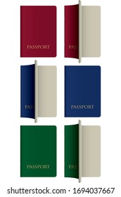A vector illustration of various color generic passports closed and open on an isolated white background