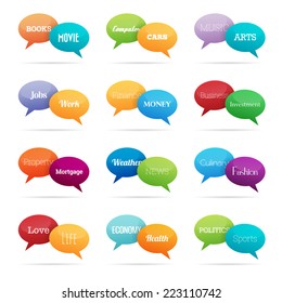 Vector illustration of various colorful chat dialog topics.