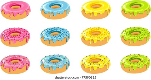 Vector illustration of various colorful donuts.