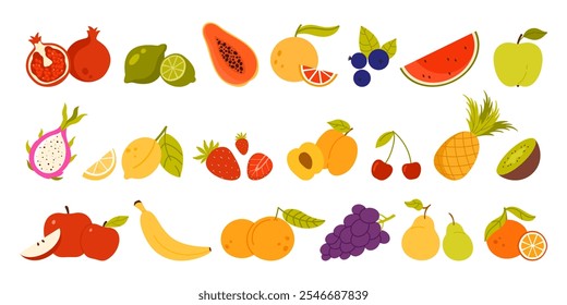 Ilustración vectorial de varias frutas coloridas, incluyendo granada, lima, papaya y manzana, que representan una alimentación saludable, nutrición y frescura.