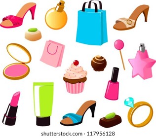 Vector illustration of various colorful, girly beauty, fashion and food items isolated on white.