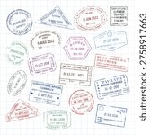 Vector illustration of various colorful passport stamps with different dates and locations, arranged on a grid background, evoking travel and adventure.