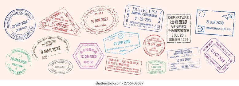 Vector illustration of various colorful passport stamps with different dates and designs, representing international travel and immigration themes.