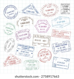 Ilustración vectorial de varios sellos de pasaporte de colores con diferentes fechas y lugares, dispuestos sobre un fondo de cuadrícula, que evoca viajes y aventuras.