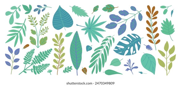 Vector illustration of various colorful tropical leaves and branches in different shapes and sizes.
