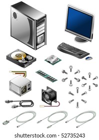 Vector Illustration Of Various Computer Parts And Accessories