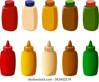 Vector illustration of various condiments in two kinds of bottles.