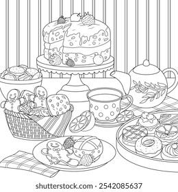 Vector illustration, various confectionery on the table, tea party at the festive table, coloring