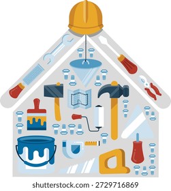 Ilustração vetorial de várias ferramentas de construção e reparação de casas dispostas na forma de uma casa, com um chapéu duro formando o pico do telhado. O projeto inclui martelos, serras, chaves de fenda, chaves de fenda, rolos de tinta e balde de tinta, simbolizando a melhoria da casa, manutenção e renovação. Ideal para DIY, construção, imóveis e gráficos com temas de renovação.