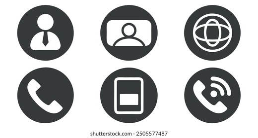 Vector illustration of various contact and communication icons, including user profile, chat, and call symbols. Ideal for business, networking, and communication platforms.