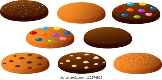 Vector illustration of various cookies with toppings.