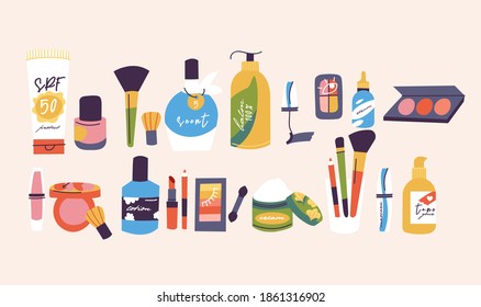 Vector illustration various of cosmetics. Face and body care cosmatics products. Cleansing, moisturizing, treating. Natural eco friendly composition