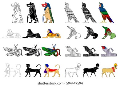 Vector illustration of the various creatures of the ancient Egypt isolated on white background