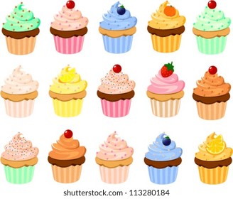 Vector illustration of various cup cakes with toppings. svg