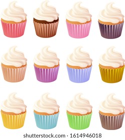 Vector illustration of various cupcakes with vanilla icing isolated on white background.