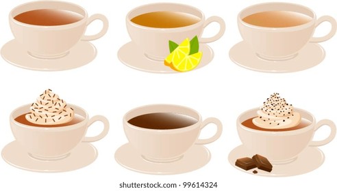 Vector illustration of various cups of tea, coffee and hot chocolate.