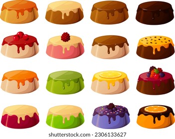 Vector illustration of various custards and jellies with sauce isolated onn white background.	
