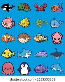Vector illustration of various cute cartoon sea creatures including fish, octopus, whale, turtle, dolphin, crab, squid, penguin, and seaweed. Bright, playful ocean-themed character set