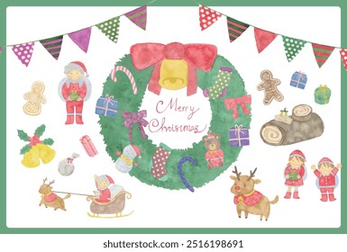 Ilustração vetorial de vários conjuntos de Natal bonito com toque de aquarela