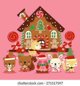 A vector illustration of various cute christmas woodland creatures like bears, owl, fox and more celebrating the christmas holiday in front of a cute whimsical gingerbread house.