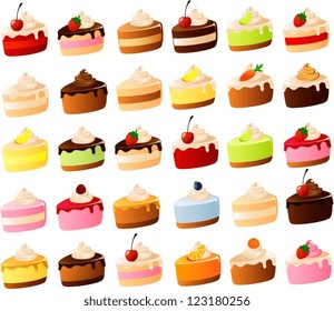 Vector illustration of various cute colorful cake slices