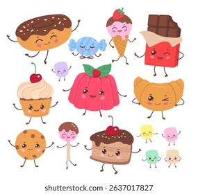 Vector illustration of various cute desserts, candy, and pastries with smiling faces. Flat isolated illustration.