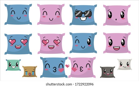 Vector illustration of various cute family color pillow characters with various expressions suitable for relaxing