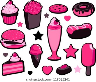 Vector illustration of various cute pop style food icons in pink and black.