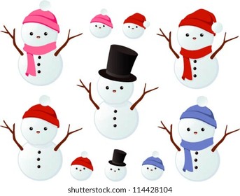 Vector illustration of various cute snowmen and snowballs wearing hats isolated on white.