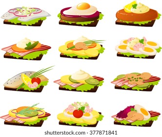 Vector illustration of various danish openfaced sandwiches ( SmÃ¸rrebrÃ¸d)