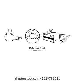 Vector illustration of various delicious food icons.