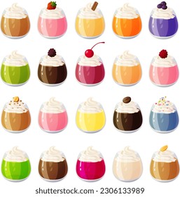 Vector illustration of various dessert glasses with custard and whipped cream isolated on white background	