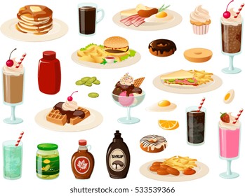 Vector illustration of various diner food items.