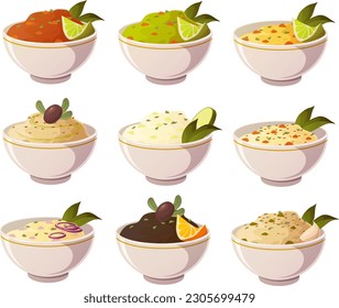 Vector illustration of various dips, guacamole, salsa, hummus isolated on white background	