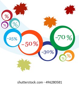 Vector  illustration of various discounts for markets and shops. Label for shop. Autumn sale. 