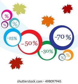 Vector  illustration of various discounts for markets and shops. Label for shop. Autumn sale. 