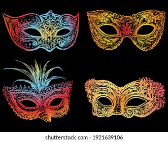 Ilustración vectorial de varias máscaras de mascarada venecianas de colores dibujados