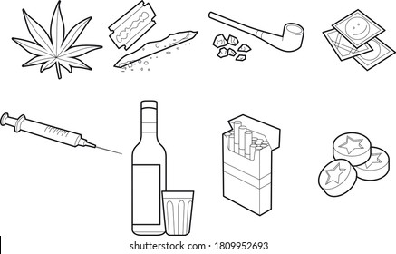 Vector illustration of various drugs such as marijuana, crack, ecstasy, cocaine, alcohol, cigarettes, starfish and a syringe