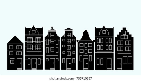 Vector illustration of various Dutch houses. Amsterdam street silhouettes.