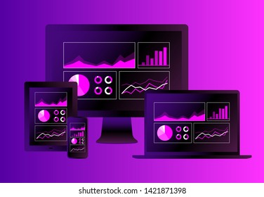 Vector illustration of various electronic devices with responsively designed charts on their screens