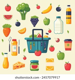 Ilustración vectorial de varios productos alimenticios de la despensa de todos los días. concepto de compras y alimentos al por menor. alimentos del supermercado. Elementos para el diseño. Iconos