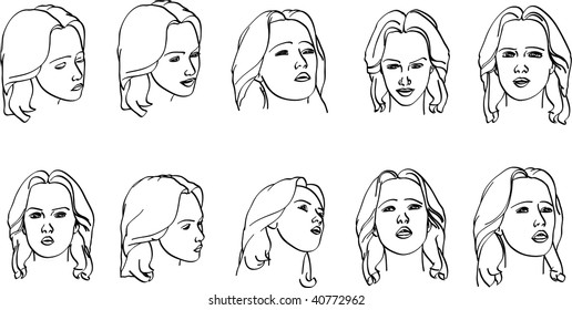 vector illustration of various expressions on a woman's face
