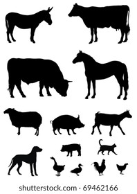 Ilustración vectorial de varias siluetas de animales de granja