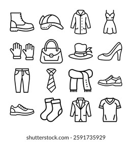 Vector Illustration of Various Fashion clothing, apparel, accessories, boots, shoes, hats, gloves, handbags, scarves, ties, socks, jackets, coats, dresses, t-shirts, trousers, jeans.