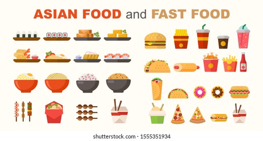 Vector illustration of various fast food and asian food items. Ready for cafe and restaurant menu designs. Unhealthy diet vector set.