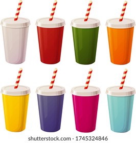 Vector illustration of various fast food take out plastic containers with cold drinks, smoothies, milk shakes or soda isolated on white background