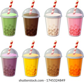 Vector illustration of various fast food take out plastic containers with cold drinks, smoothies, milk shakes or soda isolated on white background