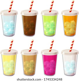 Vector illustration of various fast food take out plastic containers with cold drinks, smoothies, milk shakes or soda isolated on white background